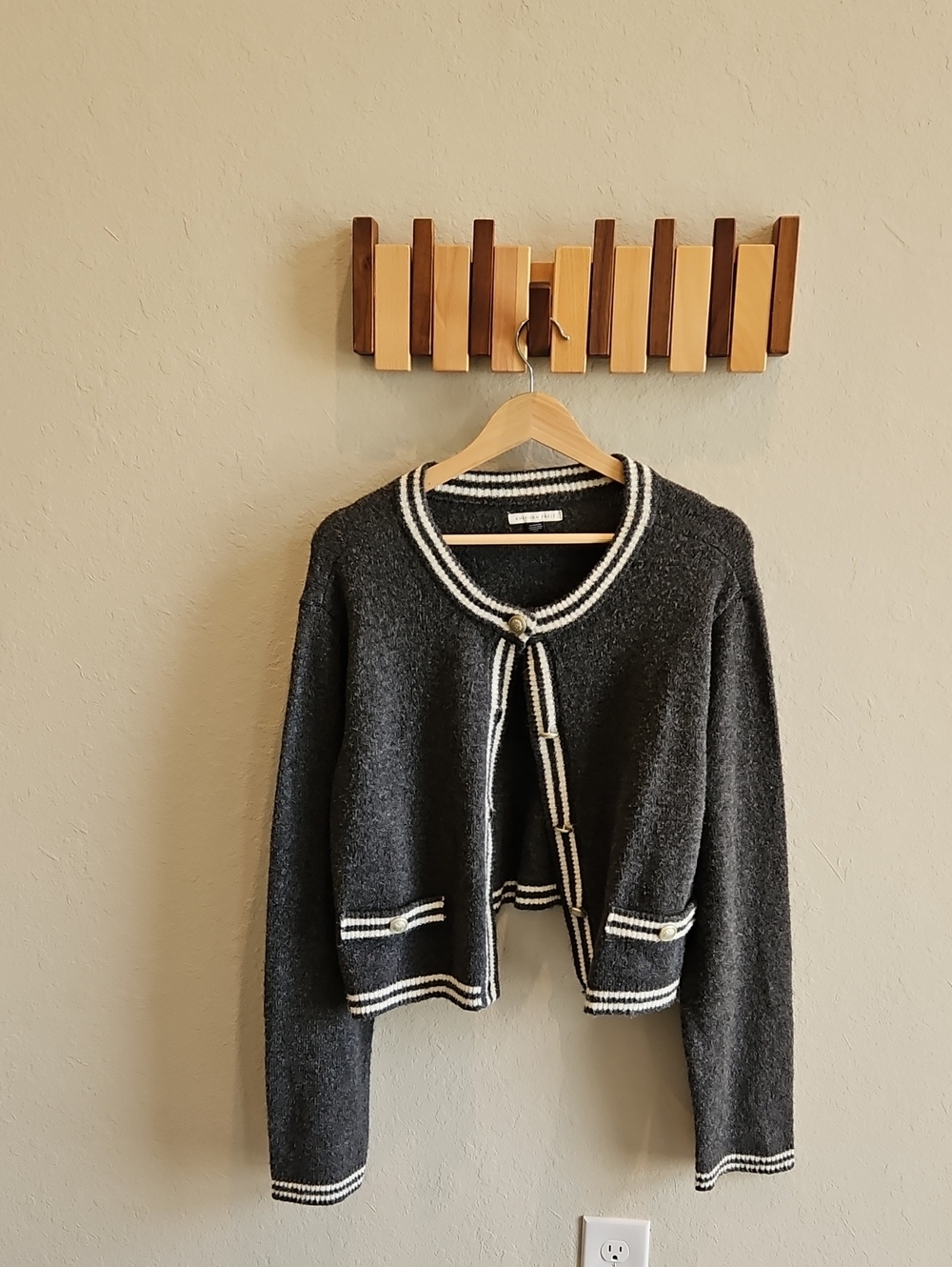 American Eagle Charcoal Gray and White Striped Knit Cardigan